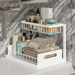 Pull-out Undersink Storage Rack, Compact Sliding Retractable Multipurpose Non-Adhesive Utility Rack for Kitchen & Bathroom, Space-Saving Black Home Organizer, Multipurpose Utility Racks, Non-Adhesive Utility Racks
