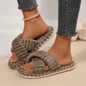 Women's Fluffy Cross Band Slippers - Cozy Corduroy Open-Toe Slides with Scalloped Edges for Indoor Comfort