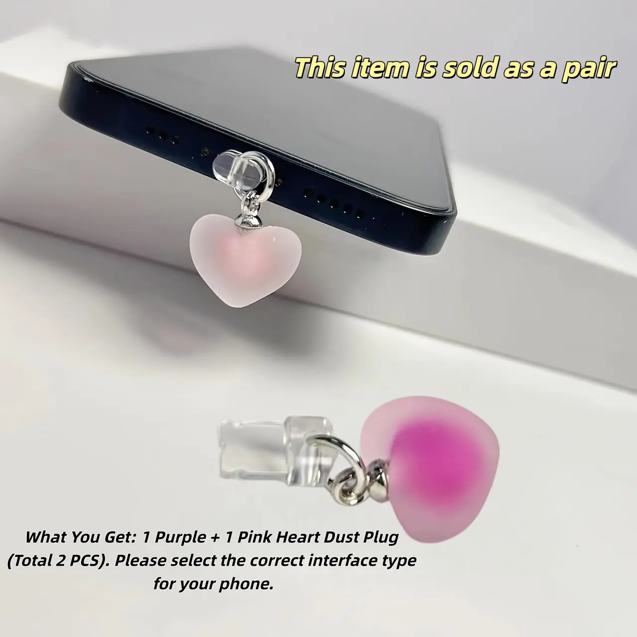 Kawaii Heart Dust Plug 2-Pack, Adorable Coquette Charging Port Protector Cell Phone Charms for iPhone & Android Phones