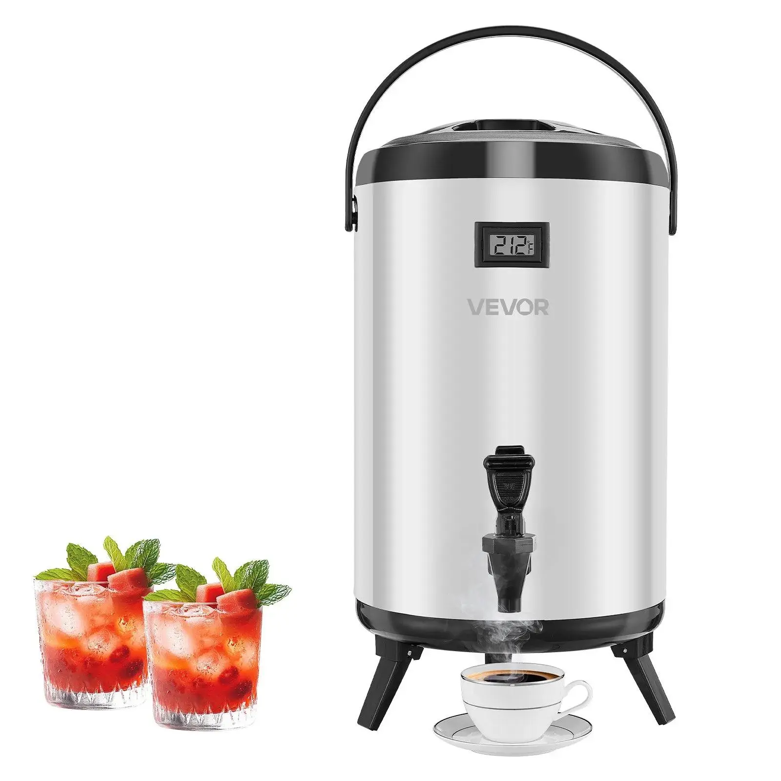 【Summerfinds】VEVOR Commercial Thermal Pot Dispenser, 3.2 Gal/12L Stainless Steel Insulated Beverage Dispenser with Spigot & Temp Display, Electronic Ice Cold Digital Water Cooler for Hot/Cold Drinks, Silver (Cafes Use), Commercial Beverage Dispenser