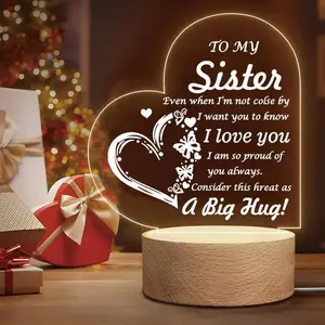 Acrylic Night Light Led Lighted USB Powered Wooden Base, Sister Gift for Birthday Graduation Christmas, Warm Lighting Decorative Figurine