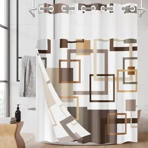 No Hook Brown Geometric  Checkered Shower Curtain with Snap in Fabric Liner Set, Double Layers  Fabric with See Through Top Window Open Grommet Bath Curtain 71x74 Inch