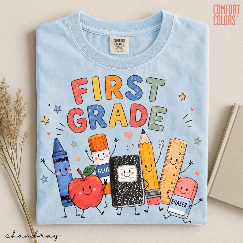 Comfort Colors First Grade T-Shirt, Grade Level Teacher Shirt, Preppy Doodle Back to School Tee, Retro School Team Gift for Educators, Elementary grade Tshirt
