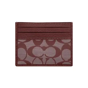 Coach Card Case with Classic Monogram Canvas and Leather Trim, Mini Wallet for Women in Burgundy