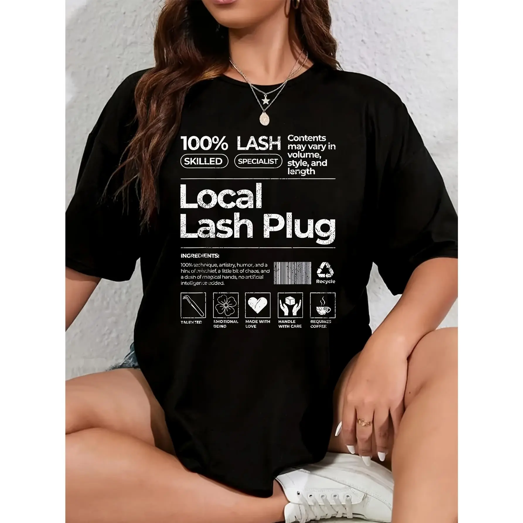 Vintage Local Lash Plug Barcode Lash Artist Lash Tech Lash Women's Plus Size 100% Polyester T-Shirt Shirt Casual 220g Funny Oversized Graphic Short Sleeve 1 pcs Tee Novelty Crew Neck Top