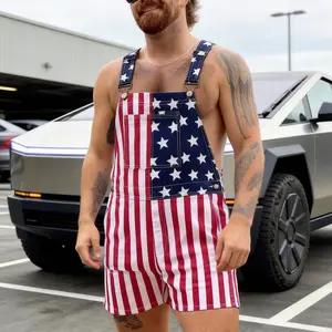 American Flag Denim Shorts Romper for Couples Red White Blue Elastic Waistband Coveralls Lightweight Outdoor Workwear for Independence Day Parades Hiking Beach Trips Father's Day Gift
