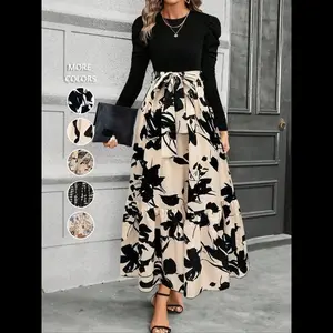 Women's Floral Patchwork Print Belted Ruffle Hem A Line Dress, Elegant Puff Sleeve Round Neck Long Dress for Spring & Fall, Women's Clothing for Daily Wear, Womenswear Everyday, Garment, Maxidresses