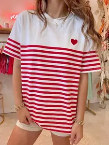 Cute Striped T-Shirt for Women, Heart Print Summer Casual Top, Loose Fit, Soft and Comfortable, Retro Design, Skin-Friendly