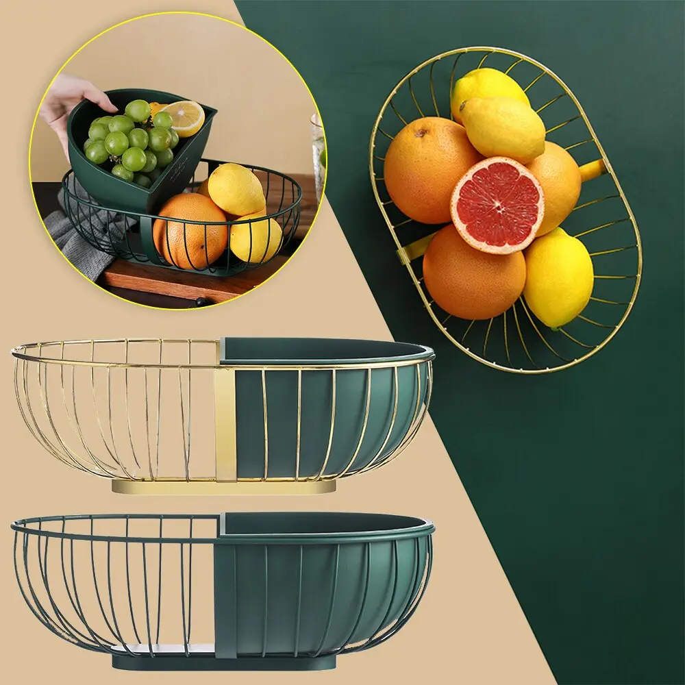36cm Iron-PP Hollowed-Out Round Fruit Vegetable Snack Tray with Detachable Plate, Large-Capacity Kitchen Storage Rack Basket for Home Organization