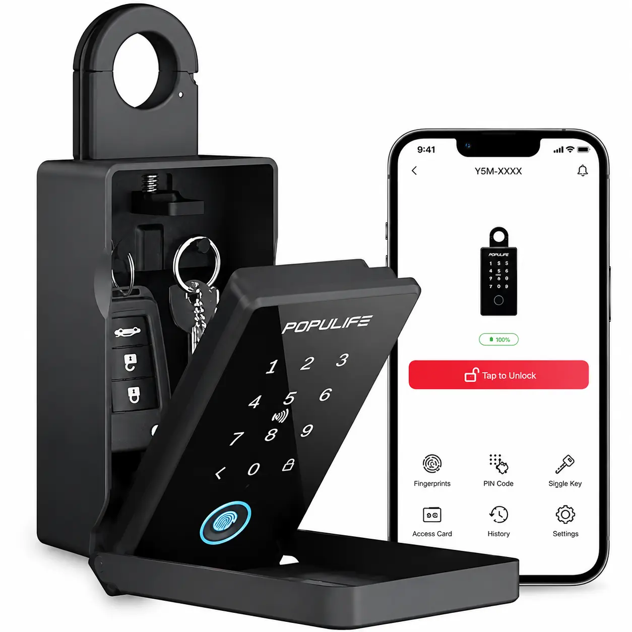 Populife Smart Fingerprint Key Lock Box | 5 Ways Unlock: App, Fingerprint, Password, NFC & Physical Key, IP66 Waterproof Wall & Door Handle Mount Outdoor Key Safe For Airbnb Hosts