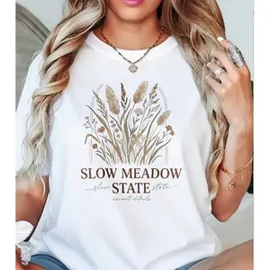 "Slow Meadow State" Pampas Grass T-Shirt, Neutral Wildflower Casual Tee
