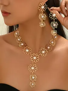 Elegant Y-Shape Necklace Set with Long Earrings, Artificial Pearl Flower Design, Perfect for Parties and Dates, Fashionable Jewelry