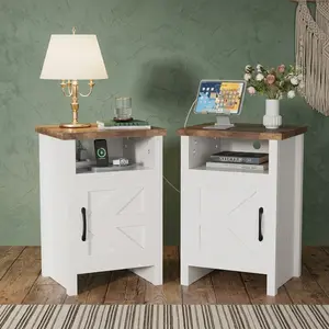 Farmhouse Modern Nightstand with Open Storage Shelf and Sliding Barn Door Minimalist Wooden Bedside End Side Table Rustic Accent Furniture for Bedroom Living Room Home Decor