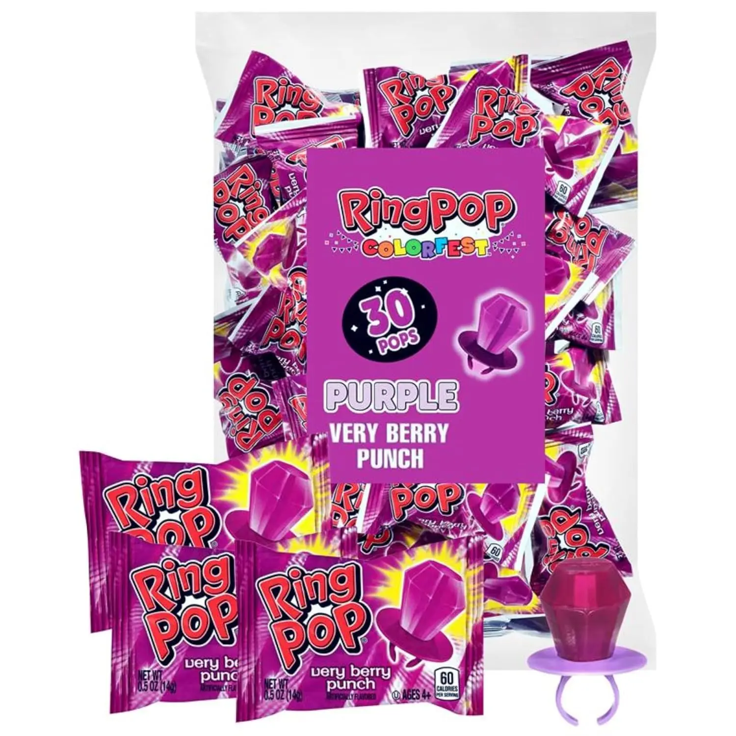 Ring Pop Purple Halloween Candy Lollipops, 30Ct Bulk Individually Wrapped in Very Berry Punch Flavor, Full Size, Fun Candy For Birthday, Party Favors, Trick or Treat, Halloween Bowls, Gifts For Kids