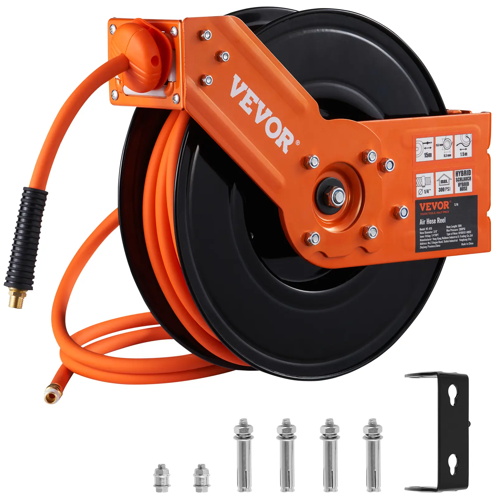 VEVOR Retractable Air Hose Reel, 3/8 IN x 50 FT Hybrid Air Hose Max 300PSI, Air Compressor Hose Reel with 5 In Lead in, Ceiling / Wall Mount Heavy Dut