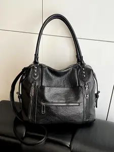 Niche design punk style handbag tote bag, Fashionable shoulder bag, street style rivet decoration multi-zipper pocket practical crossbody bag, multi-color optional, suitable for daily commuting, shopping, etc., Hobo Shoulder Bag