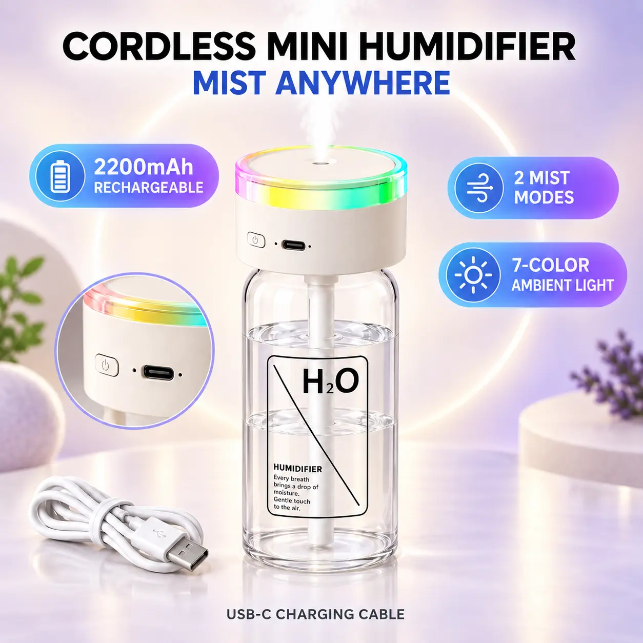 Rechargeable Compact USB Humidifier Machine - 2200mAh Cordless USB-C Charge Cool Mist Humidifier with 2 Mist Modes, Quiet Auto Shutoff & 7-Color Night Light for Bedroom, Desk - Dorm Essentials Long-Lasting Fragrance Diffuser