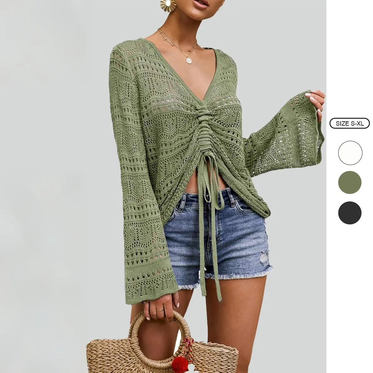 Imily Bela Womens V Neck Sweaters Boho Off Shoulder Crop Tops Oversized Bell Long Sleeve Crochet Ruched Knit Shirts RT5525