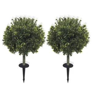 21 Inch Artificial Boxwood Plant with Ground Stakes, Faux Cedar Topiary Outdoor for Garden Patio Balcony Decor - Set of 2 or 4, No Maintenance