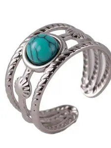 Round Natural Stone Ring, Wide Face Courtly Vintage Openwork Ring, Stainless Steel Adjustable Ring, Elegant Jewelry