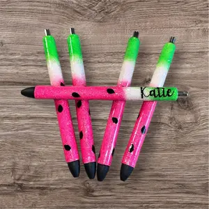 Watermelon Themed Glitter Pen Set - Pink Green Gradient Design with Black Tips and Watermelon Patterned Grip