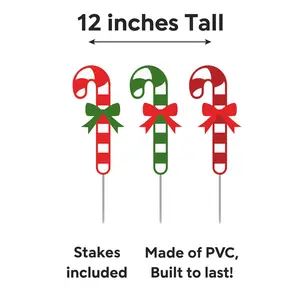 Christmas Yard Signs with Stakes, Set of 3 Candy Canes Assorted Colors, Outdoor Waterproof PVC Holiday Decor, Christmas Lawn Decorations