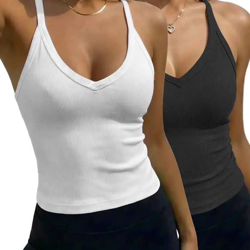 Women's Solid Racerback Tank Top, Casual Sleeveless Deep V Neck Top for Summer, Ladies Clothes for Daily Wear, Casual Basic Tanks #GLOBAL PICKS