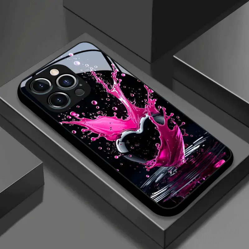 A New Glass Case Design Featuring a Pink Liquid Splatter in a Heart Shape, Compatible with Iphone Models 17 16 15 14 13 12 11 PRO MAX PLUS,AIR. This Glass Phone Case Is Stylish, Trendy, And Resistant to Dirt.