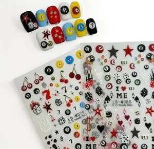 3D Nail Stickers for Pool & Dice Design - Cartoon Ste Press-on Nail Art Decals (2 Sheets) - Cute Textured Manicure DIY Accessories
