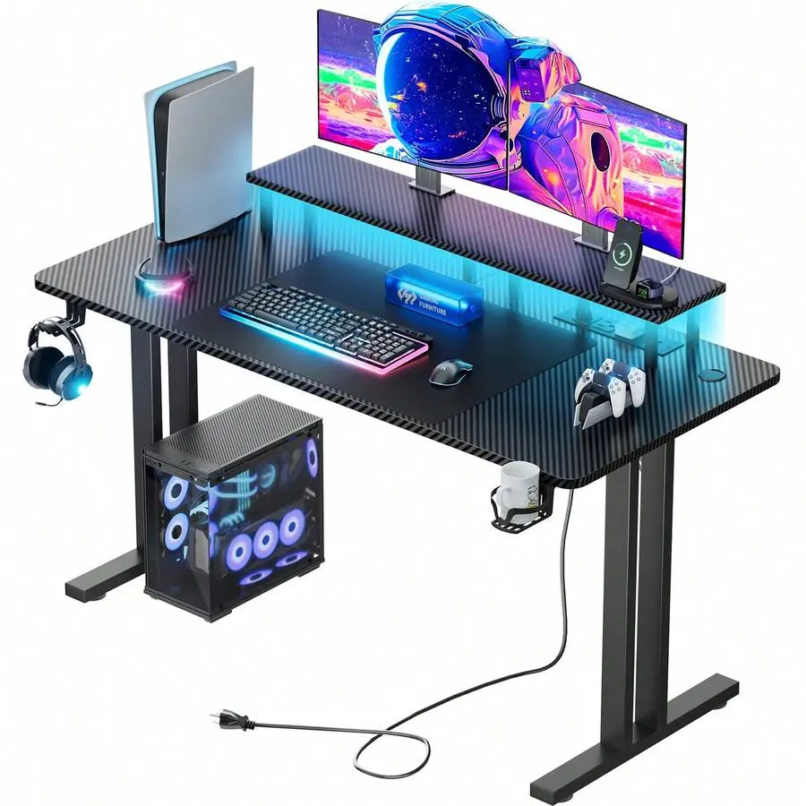 Electric L-Shaped Gaming Standing Desk for Adults - Ergonomic Carbon Fiber Design, 200 lbs Capacity, Monitor Stand, Gaming LED Lights, Power Outlet, Cup Holder, Headphone Hook, Mouse Pad, Cable Management Tray, for Game Room & Household Home Office Use, W