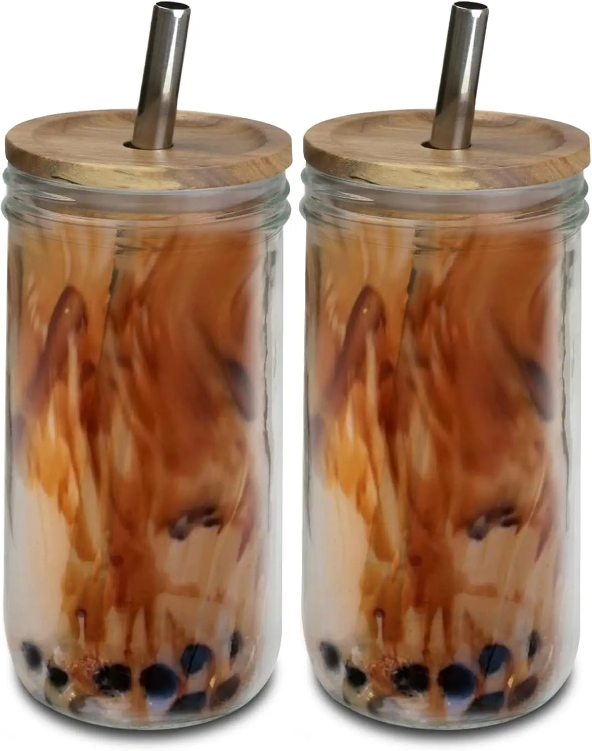 20oz Glass Boba Bubble Tea Cup with Acacia Lid, 2 Pack - Reusable Smoothie Cups/Glass Coffee Cups with Lids and Straw - Wide Mouth Glass Tumbler with 2 Sizes of Stainless Steel Straws