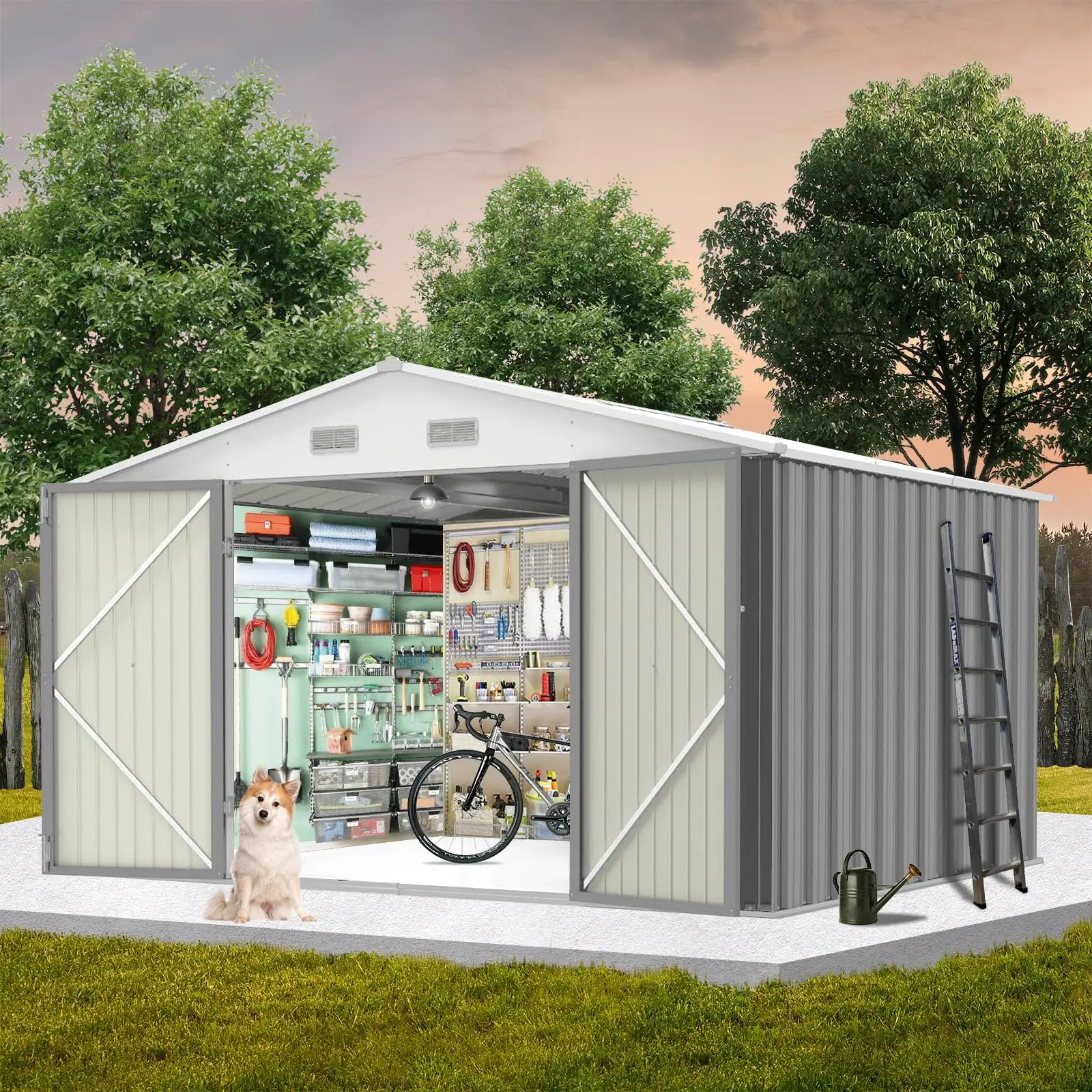 10x12 ft Galvanized Steel Outdoor Storage Shed - Heavy Duty Waterproof Metal Tool Shed with Lockable Door, Vents, Pre-Cut Parts, Pitched Roof, Easy Assembly (11.94L x 10.43W x 6.66H ft) for Backyard Patio Lawn Summer Garden, 11.94 Ft L X 10.43 Ft W X 6.66
