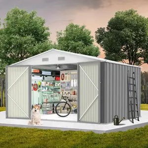 10x12 ft Outdoor Storage Shed , Heavy Duty Waterproof Metal Tool Shed with Lockable Door & Vents, Large Galvanized Steel for Backyard Patio Lawn , Grey