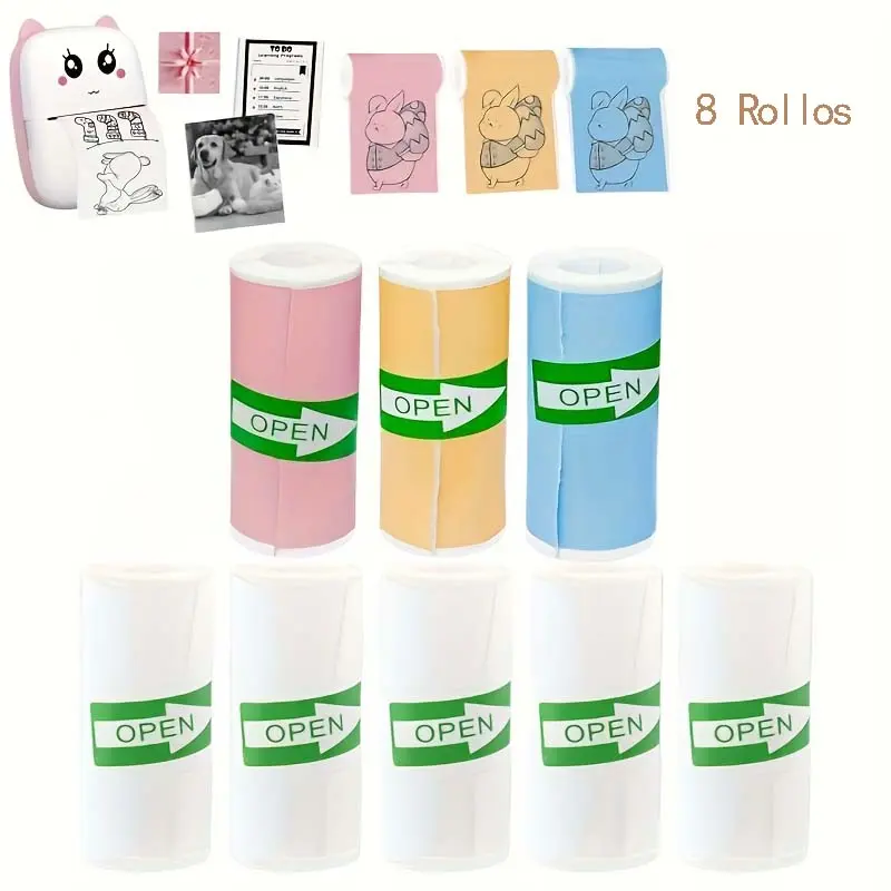 8 Rolls Mini Thermal Paper - Self-Adhesive, Inkless, Compatible with Portable Thermal Printers - Suitable for Photos, Labels, Notes, Scrapbooking, Office, School, Home - (3 Colors + 5 White Rolls) - Perfect for Printing Anytime, Anywhere, Office