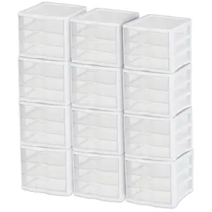 Sterilite ClearView Compact Stacking 3 Drawer Storage Organizer System, 12 Pack