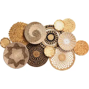 12 Pieces Boho Wicker Rattan Plate Basket Set, Large Woven Farmhouse Rustic Bohemian Art Hanging Wall Decor for Home Bedroom Living Room Kitchen Bathroom, Classic Style