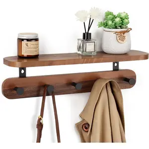 Coat Rack Wall Mount with Shelf, 17" Walnut  Wall Shelf with Hooks, Entryway Floating Shelf with 5 Metal Hangers for Coats, Backpacks, Living Room, Bedroom, Bathroom