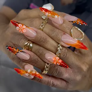 Julina Beauty | Fiery Orange Stiletto Nails | Handmade 3D Butterfly & Floral Art | Luxury Statement Press On Set