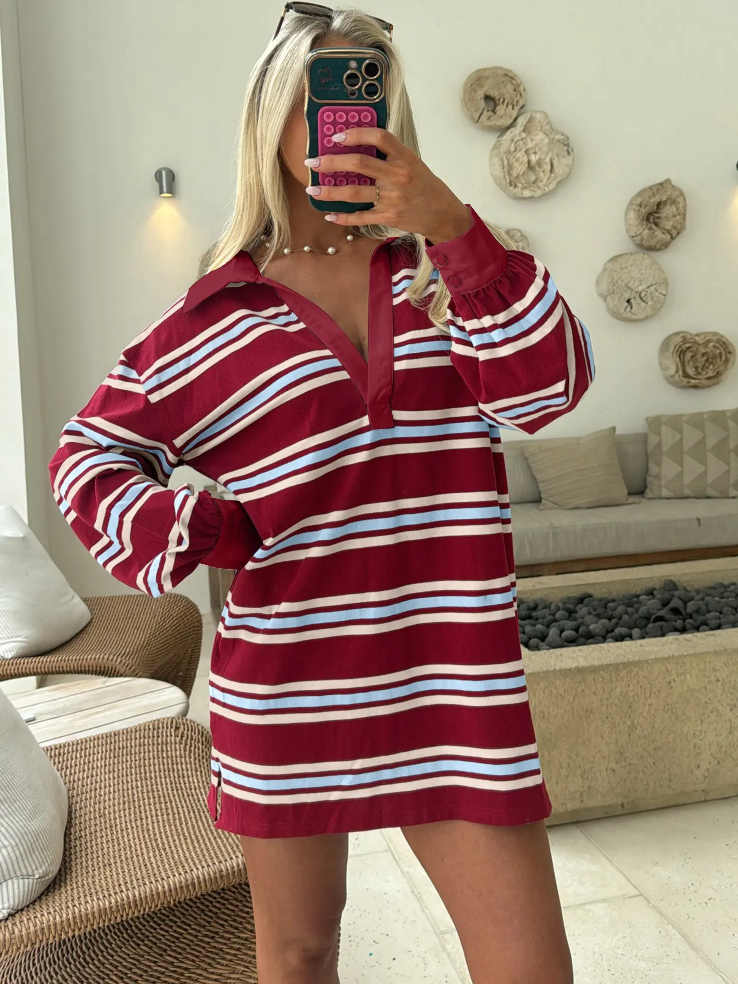 Vintage Preppy Striped Polo Mini Dress Long Sleeve V-Neck Oversized Sweater Dress