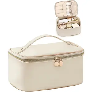 Makeup Bag, Large Capacity Cosmetic Bag for Women and Girls, Waterproof PU Leather Travel Makeup Case, Toiletry Organizer with Handle and Divider for Skincare and Brushes - Beige