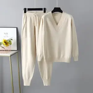 AutumnWinterWomen'sVnecksweatertwopiecesetfemaleknittedpantssuitsfashioncasualpullovertracksuitsoutwear Womenswear Clothes
