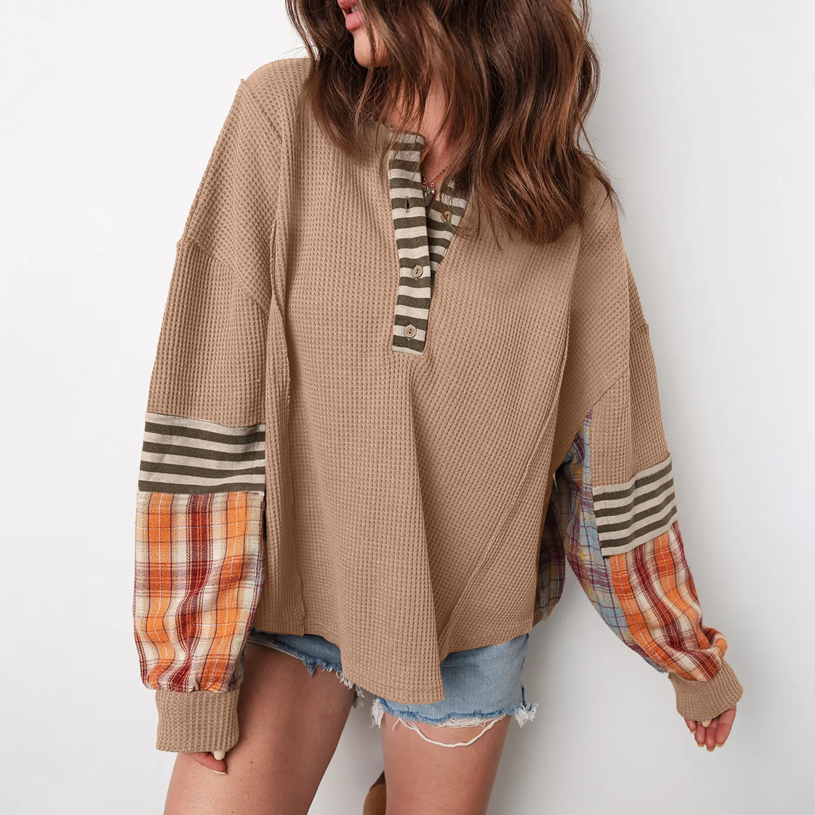 Hotapei Women's Plus Size 2X Waffle Knit Long Sleeve Henley Blouse - Scoop Neck, Color Block Plaid Patchwork, Mixed Stripes Splicing, Casual Loose Button-Down, Western Style, Lightweight Textured Pullover Knitwear for Fall Winter Tops,sohochic