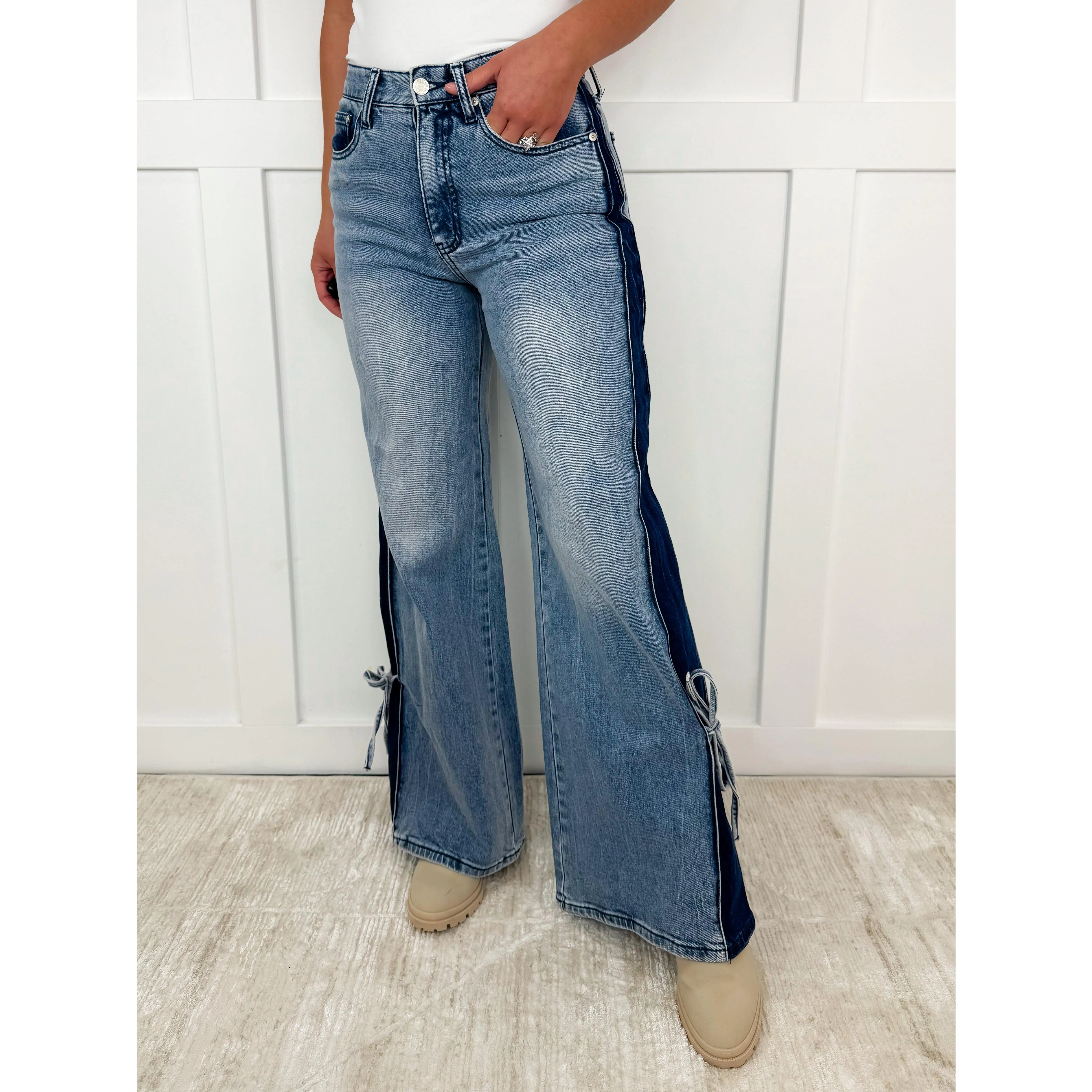 Women's Tummy Control High-Rise Jeans, Stretchy Wide Leg Denim Pants with a Contrast Wash and Tie Ankles, Spandex, Lady, Bottom, Jean Pants, Curvy Fit Jeans