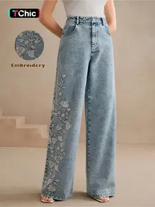 Women's embroidered, personalized, washable fitted straight-leg denim, elastic, comfortable and versatile denim trousers Pants
