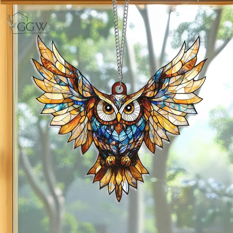 Owl Lover Gift, Bird Home Decor Acrylic Suncatcher, Water Ripple Effect Holiday Window Hanging Mom Gift Halloween Decor