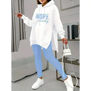 Casual Two-piece Set, Letter Print Kangaroo Pocket Hoodie & Solid Skinny Leggings Outfits, Women's Clothing Fabric Womenswear Polyester Suits