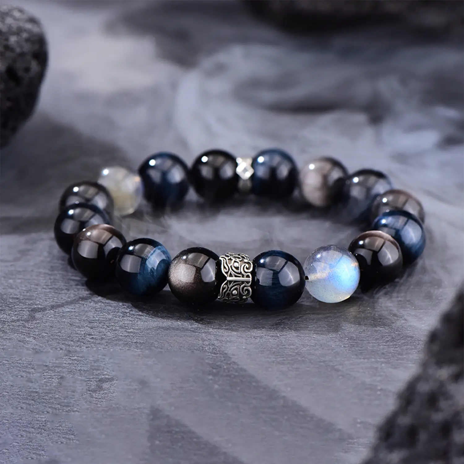 [Moon Tide] Natural Moonstone Bracelet, Silver Obsidian Jewelry, Crystal Bracelet, Fashionable Design Jewelry Accessories, [New Year's Birthday Gift] Gift for Boyfriend