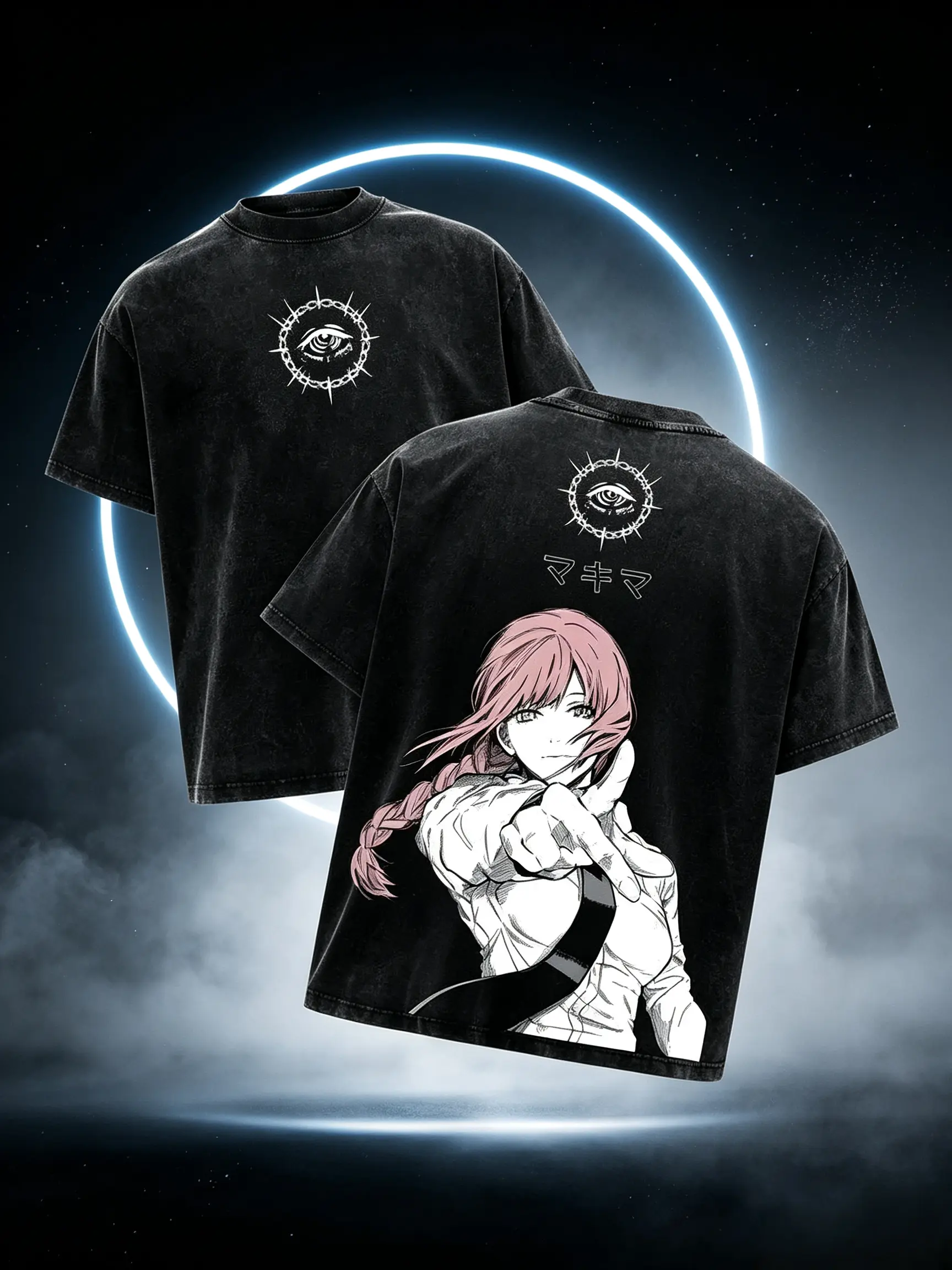 Chainsaw Man Makima Vintage Acid Wash Oversized T-Shirt Front Control Devil Eye Symbol Back Pink Braided Makima Manga Graphic Distressed Black Unisex Cotton Crewneck Anime Tee Gift For Chainsaw Man Fans Casual Street Outfit viral tiktok shirt