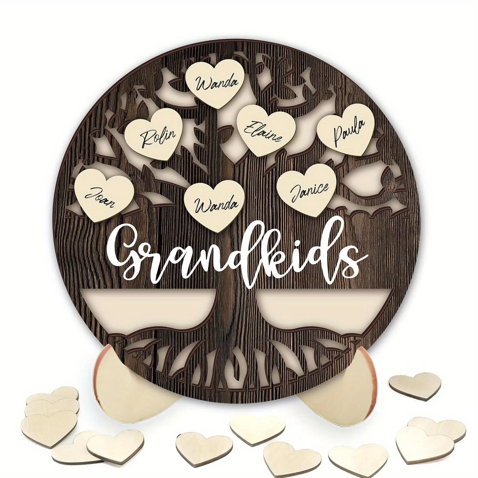 Wooden Family Tree Design Ornament, Home Decor Ornaments, 1 Set Round Shaped Decoration with 20pcs Heart Shaped Labels & Base, Diy Gift for Mom Grandma Family Birthday, Wooden Decorative Ornaments