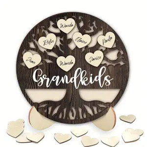 Wooden Family Tree Design Ornament, Home Decor Ornaments, 1 Set Round Shaped Decoration with 20pcs Heart Shaped Labels & Base, Diy Gift for Mom Grandma Family Birthday